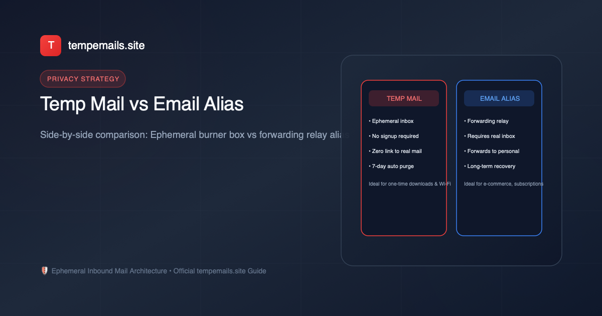 Comprehensive architectural comparison diagram between temporary ephemeral email inboxes and email forwarding relay aliases
